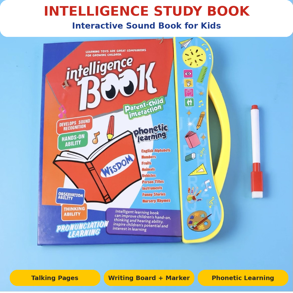 Intelligence Study Book – Interactive Sound Learning Book for Kids with Marker & Writing Board